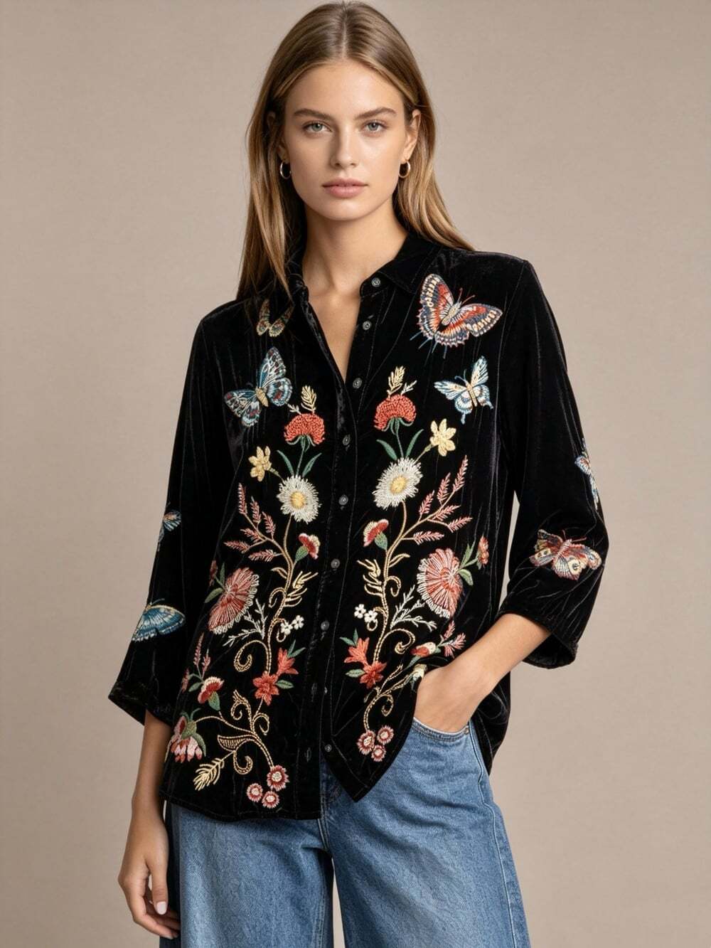NWOT Johnny Was Silk Blend Velvet Floral Embroidered Blouse Black Size 1X